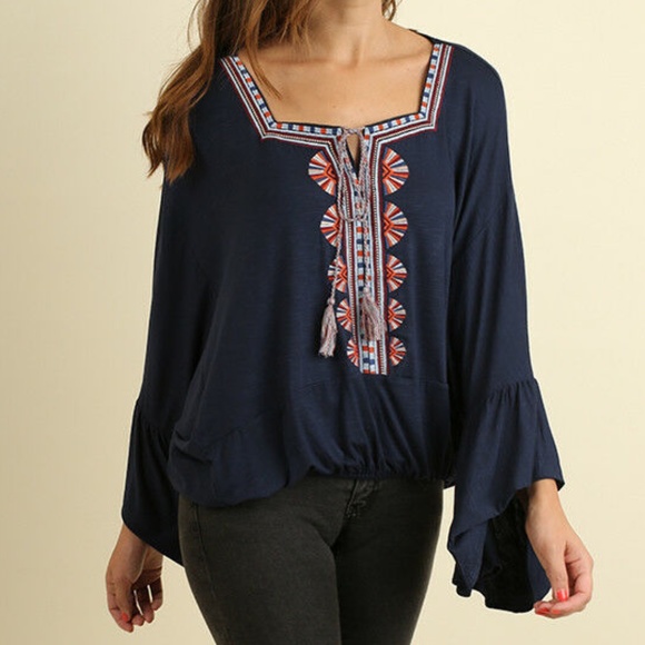 Umgee Tops - Umgee Embroiderd Square Neck Tassel Boho Shirt Top